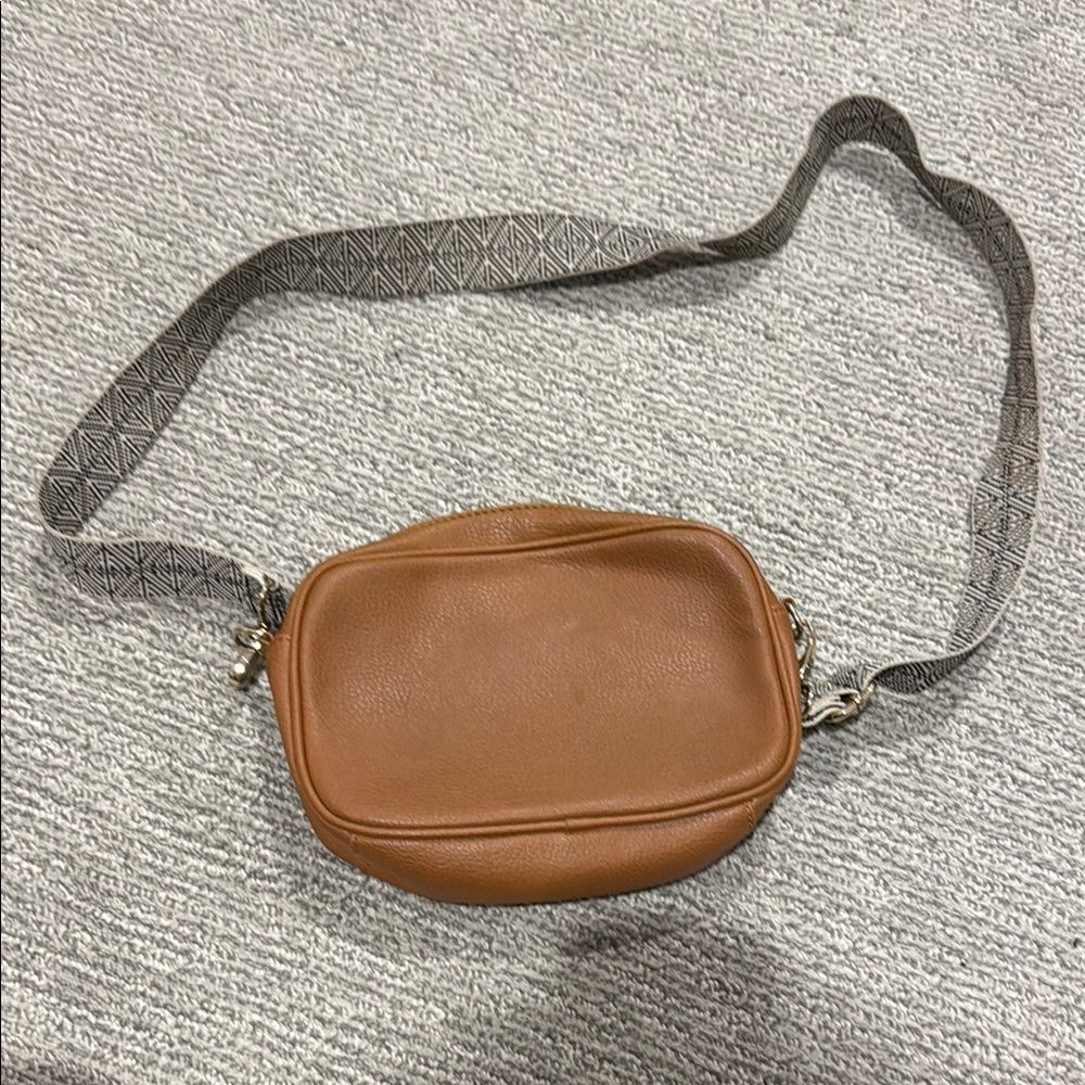 Tan Crossbody Bag with Patterned Strap